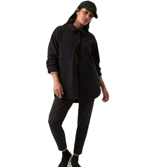 Athleta Retroplush Shirt Jacket Black Pockets Button Front Size S - Picture 1 of 9